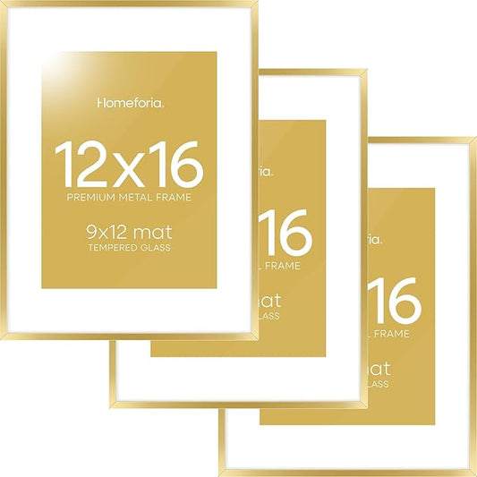 Homeforia 12x16 Picture Frame Gold, High End Metal 12x16 Poster Frames with Mat 9x12 for Photo, 12 x 16 Gold Frame Matted to 9 by 12 Print, 16x12 Thin Hanging Frame, Tempered Glass, Wall Kit, Set of 3
