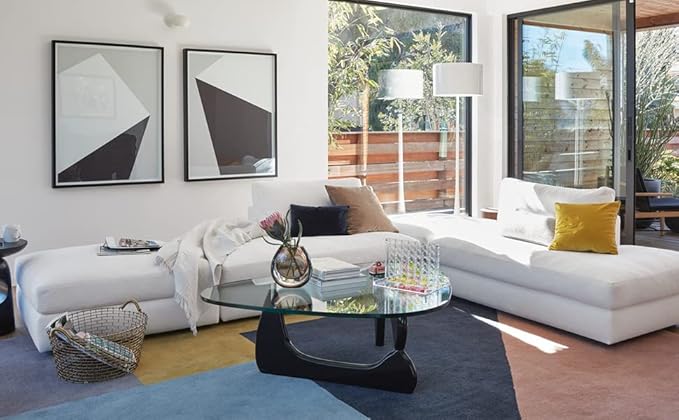 Triangle Glass Coffee Table with Solid Wood Base, 0.8'' Thick Clear Glass Top, 51'' Width Mid Century Modern Coffee Table for Living Room Bedroom Reception (Black)