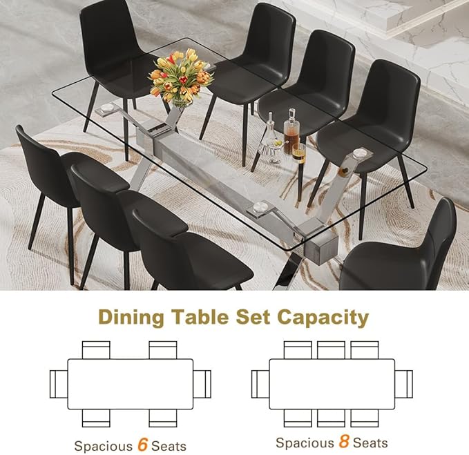 71'' Glass Dining Table Set for 8,9 Piece Dining Table Set with Tempered Glass Tabletop and Open‑Frame X‑Shaped Metal Base,Kitchen Table and Chairs Ideal for Dining Room&Home Office
