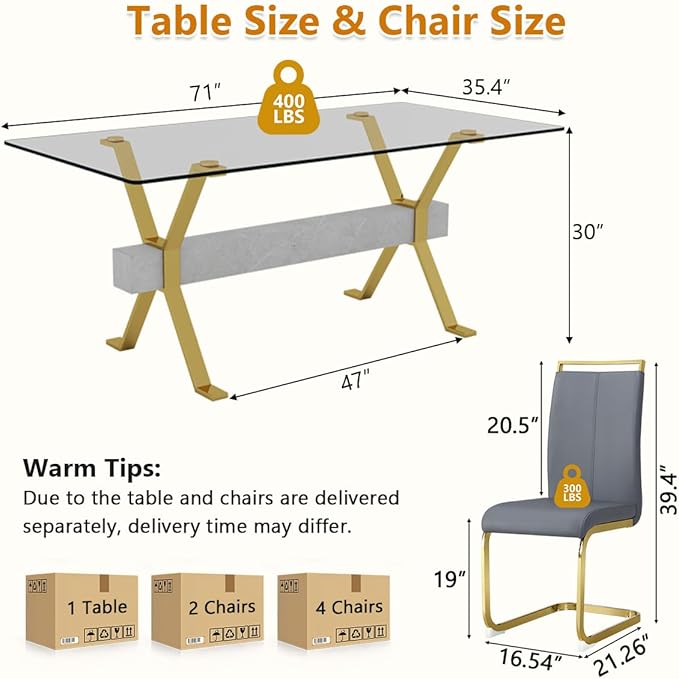7 Piece Glass Dining Table Set, Kitchen Table Chairs Set for 6, 71'' Dining Table with 0.4" Tempered Glass Tabletop with Plated Metal Legs and MDF Crossbar, 6 PU Chairs for Dining Room, Kitchen.