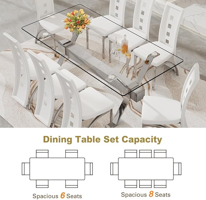 71'' Glass Dining Table Set for 8,9 Piece Dining Table Set with Tempered Glass Tabletop and Open‑Frame X‑Shaped Metal Base,Kitchen Table and Chairs Ideal for Dining Room&Home Office