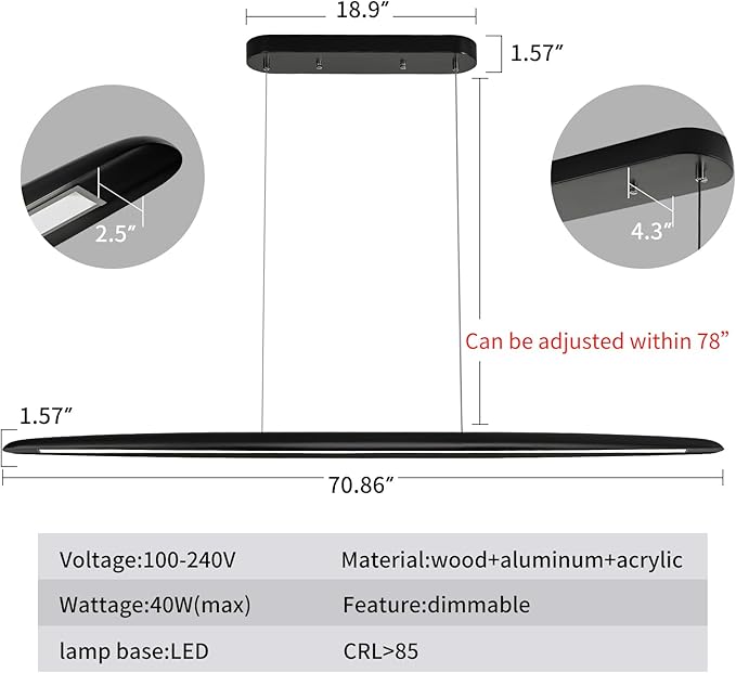 71" Wood Linear Pendant Light Black Linear Pendant Dinning Room Hanging Lights LED Dimmable Chandeliers 50w for Dining Room Pool Table Lights Kitchen Island Light Black