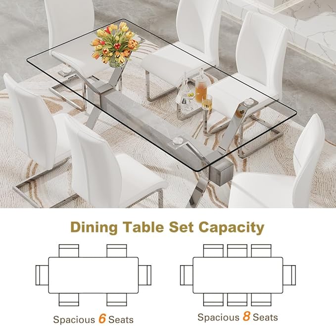 71'' Glass Dining Table Set for 6,7 Piece Dining Table Set with Tempered Glass Tabletop and Open‑Frame X‑Shaped Metal Base,Kitchen Table and Chairs Ideal for Dining Room&Home Office