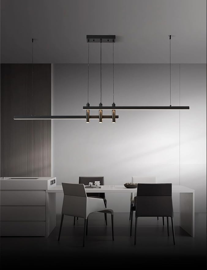 Modern Black Linear Pendant Lights Kitchen Island Lighting Minimalist Led Chandeliers Pool Table Light Dimmable Ceiling Hanging Light Fixture Dining Room with Remote Control (59in)