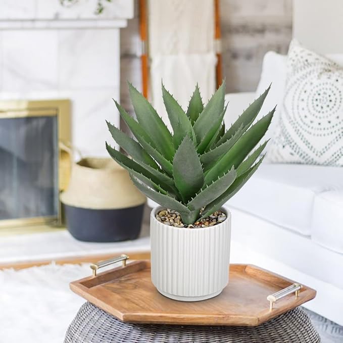 Hollyone Large Artificial Agave Plants 11.8“ Fake Succulents Potted Faux Aloe Vera Plant in White Pot Succulent Agave Plants for Desk Modern Office Living Room Table Shelf Home Indoor Outdoor Decor