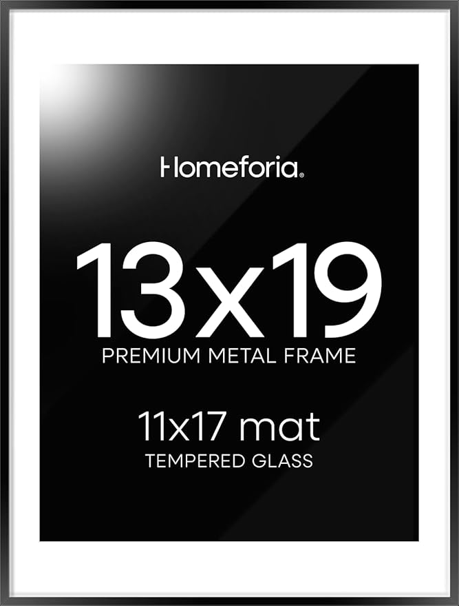 Homeforia 13x19 Picture Frame Black, High End Metal 13 x 19 Poster Frames with Mat 11 x 17 for Photo, 13x19 Black Frame Matted to 11x17 inch Print, 19x13 Thin Frame, Tempered Glass, Wall Kit, Set of 1