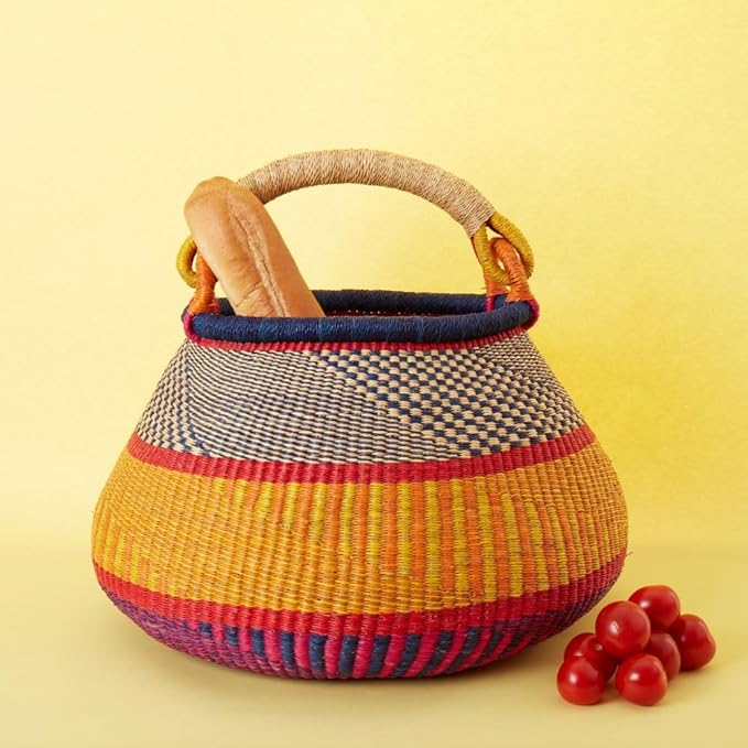 Home & Kitchen Decor, Wicker Basket, Picnic Basket, Living Room Basket, Organizing, Harvesting, Foraging, Fruit Storage, Hand Woven, Pot Shape, 16" Wide, Boho - Red Blue