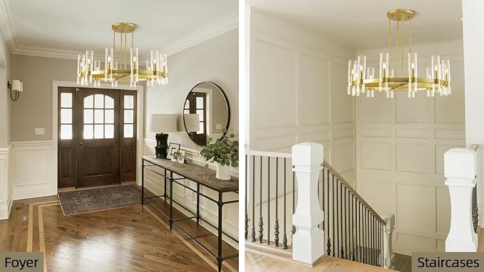 Knurldon12 Light Brass Round Chandelier 36" Wagon Wheel Chandeliers for Dining Room Light Fixture Clear Glass Tube Chandelier Modern Farmhouse Chandeliers for LivingRoom Foyer, Bulb Included