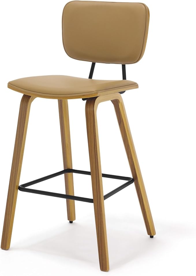 Counter Height Bar Stools, PU Leather Upholstered Barstools with Backs, Bent Wood Legs, 26 Inch Seat Height, Mid Century Modern Counter Stools for Kitchen Island, Brown