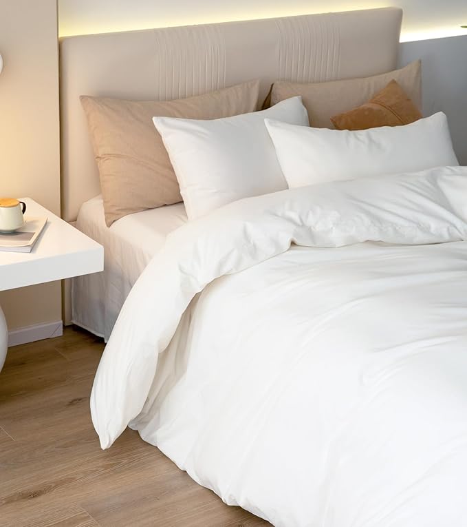 JIYUAN 100% Washed Cotton Duvet Cover Set 3 Pieces Super King, 1 Duvet Cover 108x98 Inches(Comforter Not Included) and 2 Pillowcases,Linen Feel Bedding Set Comfy and Breathable,Bright White