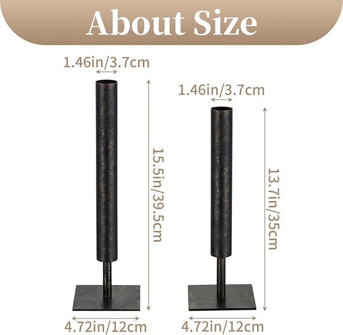 Sziqiqi Black Metal Vase Set - 15.5/13.8in Tall/Short Rectangular Vases, 2 Pcs Modern Home Decor for Living Room, Bedroom