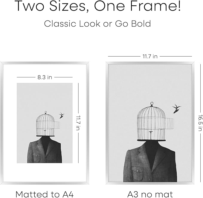 Homeforia A3 Picture Frame Silver, High End Metal 11.7 x 16.5 inch Poster Frames with Mat 8.3 by 11.7 for Photo, A3 Size Frames Matted to A4 Art, 11.7x16.5 Wall Hanging Frame, Tempered Glass, Set of 3