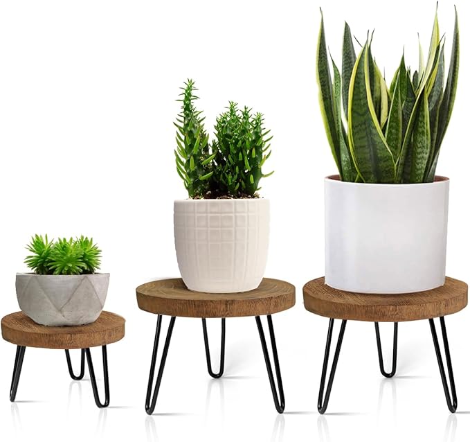 Plant Stand Indoor Outdoor, Wooden plant Stool, Mid Century Plant Stand for Indoor Plants, Wood Modern Plant Holder Rattan Flower, Low Short Boho Rustic Planter Stand Fit 5-15 Inch Pot(S,M,L) 3Pack