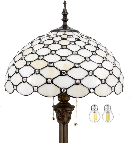 WERFACTORY Tiffany Floor Lamp Cream Amber Stained Glass Bead Standing Reading Light 16X16X64 Inches Antique Pole Corner Lamp Decor Bedroom Living Room Home Office S005 Series