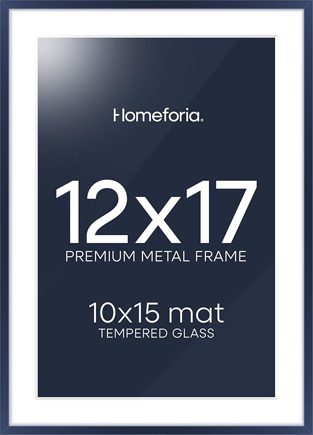 Homeforia 12x17 Picture Frame Navy Blue, High End Metal 12x17 Poster Frames with Mat 10x15 Photo, 12 x 17 Navy Blue Frame Matted to 10 by 15 Print, 17x12 Thin Frame, Tempered Glass, Wall Kit, Set of 1