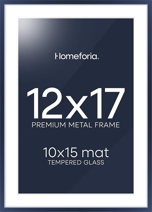 Homeforia 12x17 Picture Frame Navy Blue, High End Metal 12x17 Poster Frames with Mat 10x15 Photo, 12 x 17 Navy Blue Frame Matted to 10 by 15 Print, 17x12 Thin Frame, Tempered Glass, Wall Kit, Set of 1