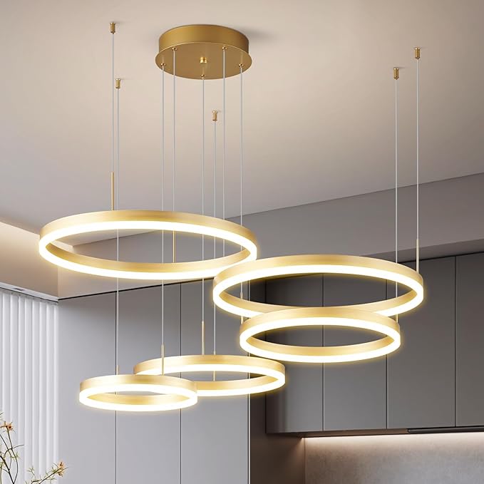 Modern Gold Chandelier Ring LED Dimmable Pendant Light Ceiling Light Fixtures 5 Rings Circle Geometric Chandeliers for Dining Room Living Room Entryway Bedroom Hallway Foyer