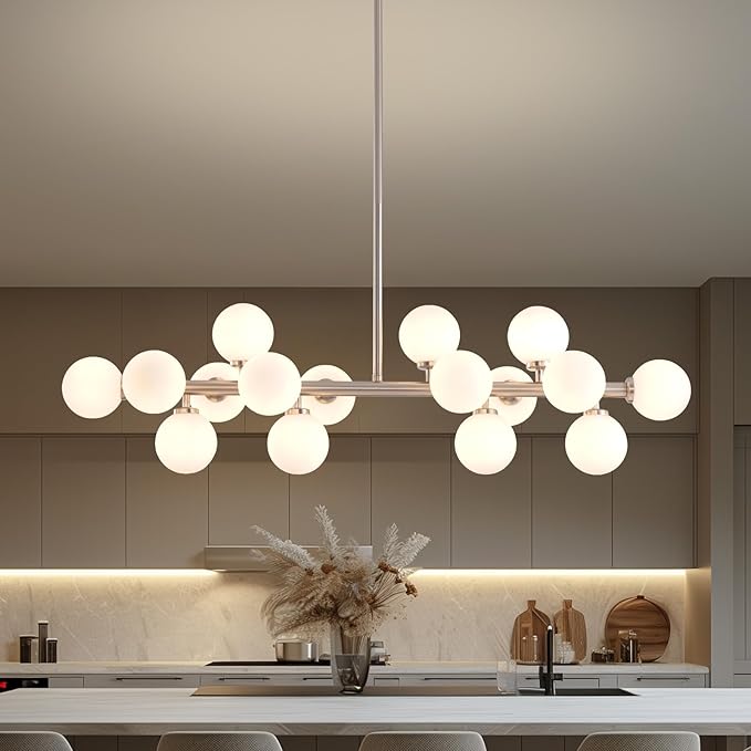 Glass Globe Sputnik Chandelier, 16-Light Mid Century Modern Light Fixture Over Table, Linear Chandeliers for Dining Room, Kitchen Island, Nickel and Milk White Bubble, 40 Inch, GC-02