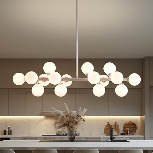 Glass Globe Sputnik Chandelier, 16-Light Mid Century Modern Light Fixture Over Table, Linear Chandeliers for Dining Room, Kitchen Island, Nickel and Milk White Bubble, 40 Inch, GC-02