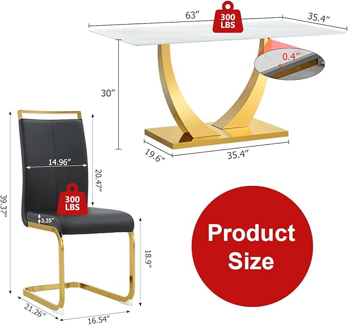 63” Dining Room Table Set for 4,Modern Gold Dining Table Set for 4, Rectangle Kitchen Table Set with Leather Chairs, White Faux Marble Dinner Table Set with Tempered Glass Top and Golden Base