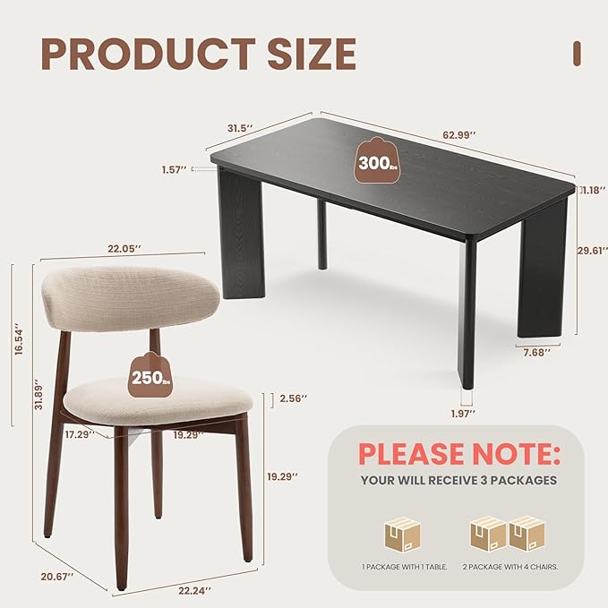 5-Piece Rectangular Dining Table Set for 4, 63" Industrial Kitchen Table with 4 Wooden Upholstered Dinner Chairs for Dining Room, Kitchen, Living Room, Black+Beige