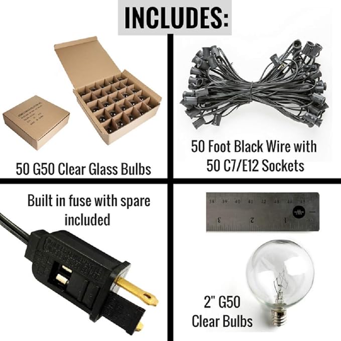 Hometown Evolution, Inc. 50 Foot Globe Patio String Lights with G50 2” Clear Light Bulbs and Black Wire (+ 2 Free Spares)