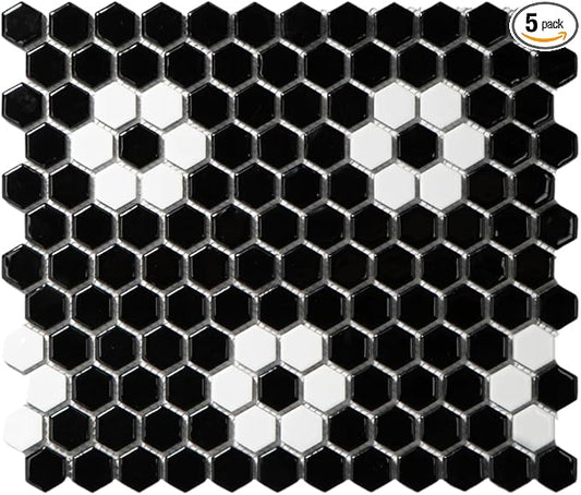 Tenedos Hexagon Glossy Black and White Flower Porcelain Mosaic Tile – Kitchen Backsplash, Bathroom Wall & Shower Floor Tile (5 Sheets)