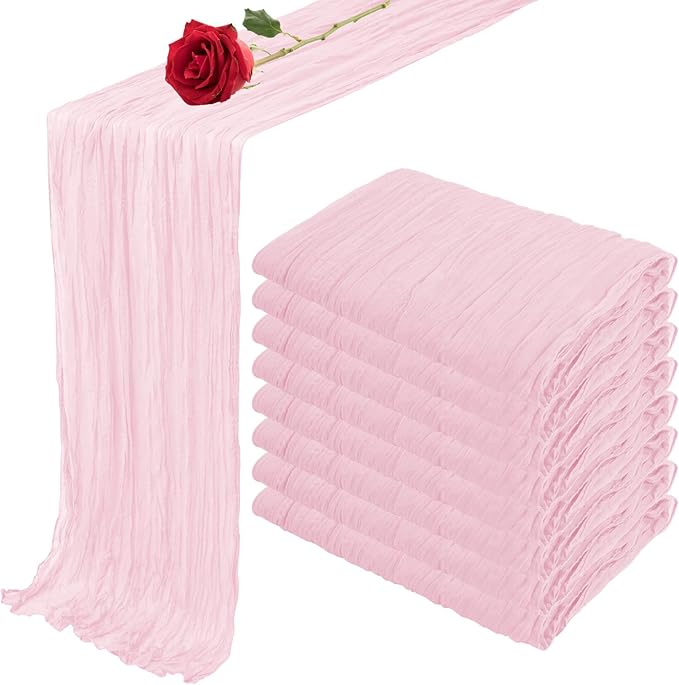 8 Pack Light Pink Easter Cheesecloth Table Runner 35x120 Inches 10ft Boho Gauze Cheese Cloth Runners, Long Romantic Sheer Table Runner Table Cloht for Wedding Bridal Shower Party Table Decor