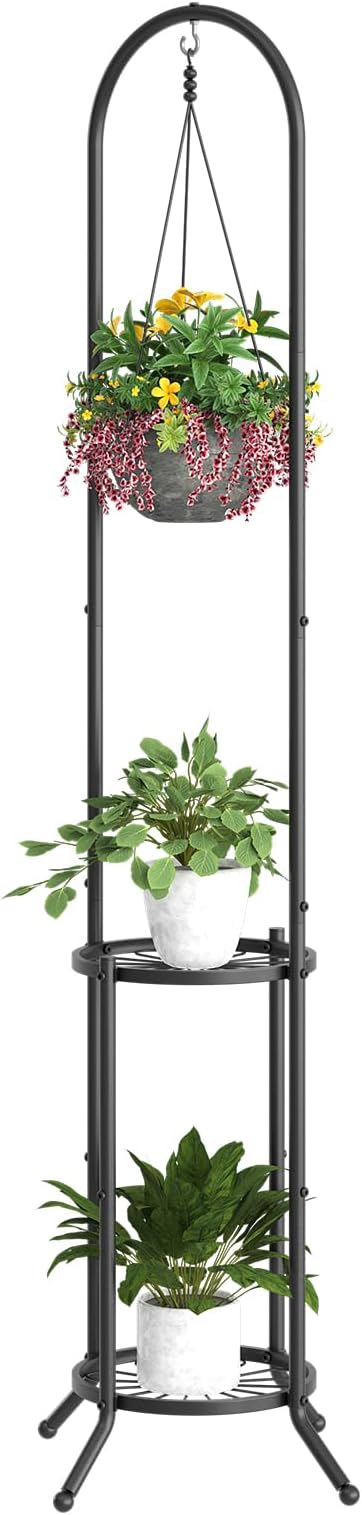 Plant Stand with Hooks Indoor Outdoor Corner Tall Plant Stand Heavy-Duty Metal 3-Tier Plant Shelf Holder Rack for Patio Garden Balcony Living Room Bedroom(circular Black)