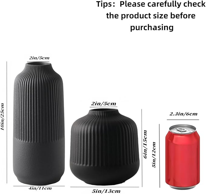 Black Ceramic Vase Set of 2, Flower Vases Home Decor, Boho Vase for Pampas Grass, Black Vases for Centerpieces Table Entryway Shelf