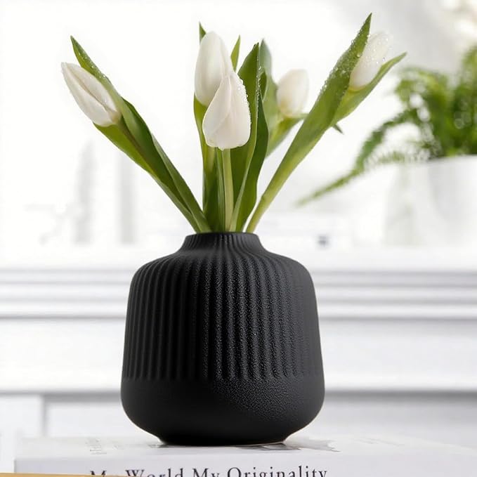 Black Ceramic Vase for Flowers, 6 Inch Flower Vases Home Decor, Black Boho Vases for Pampas Grass, Vase for Centerpieces Living Room Table Entryway Shelf