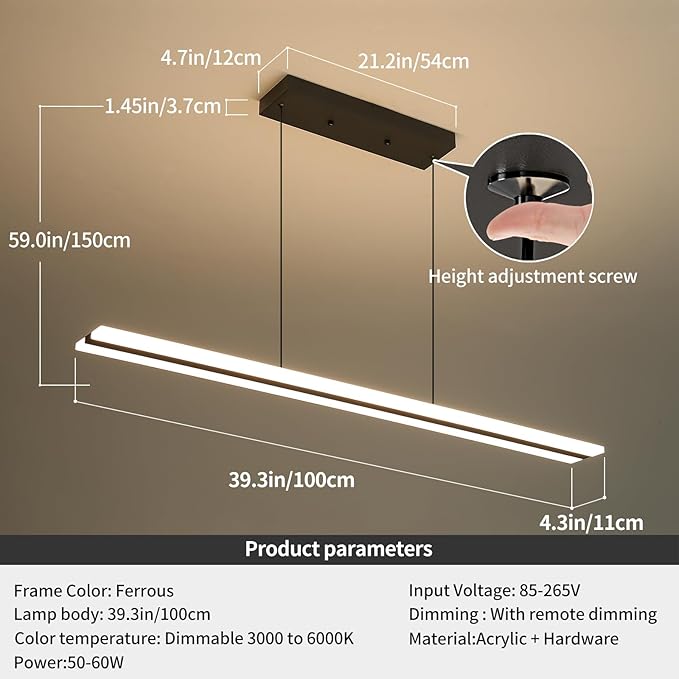 39" LED Linear Pendant Light Fixtures, 25W Dimmable Pool Table Light with Remote, Modern Island Lights for Kitchen Dining Room Living Room Office Bar