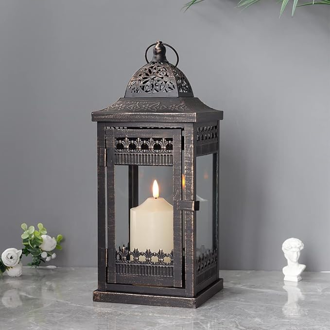 JHY DESIGN Decorative Candle Lanterns 14.5" High Vintage Style Hanging Lantern, Metal Candleholder for Indoor Outdoor, Events, Parties and Weddings（Black with Gold Brush）