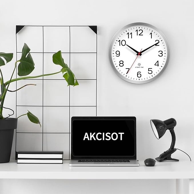 AKCISOT Atomic 10 Inch Wall Clock Analog Clocks for Indoor Kitchen, Battery Operated Clock for Bedroom Office Classroom Living Room(Silver)