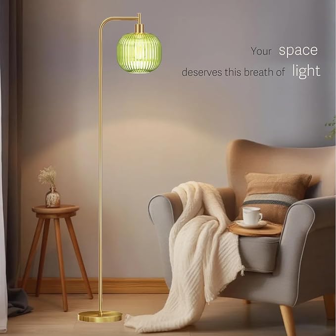 Glass Floor Lamp,67" Modern Standing Lamp with Green Ribbed Glass Lampshade Metal Pole for Living Room, Bedroom, Office - Heavy Base,Pedal Switch(Include E26 Bulb)