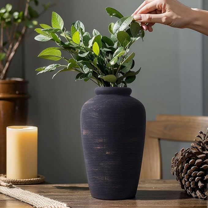 Handmade Black Vase - 11" Tall Large Ceramic Rustic Vase, Black Vintage Decorative Vase, Farmhouse Black Vase for Home Decor, Living Room, Shelf Decor, Enterway, Table, Fireplace Decoration