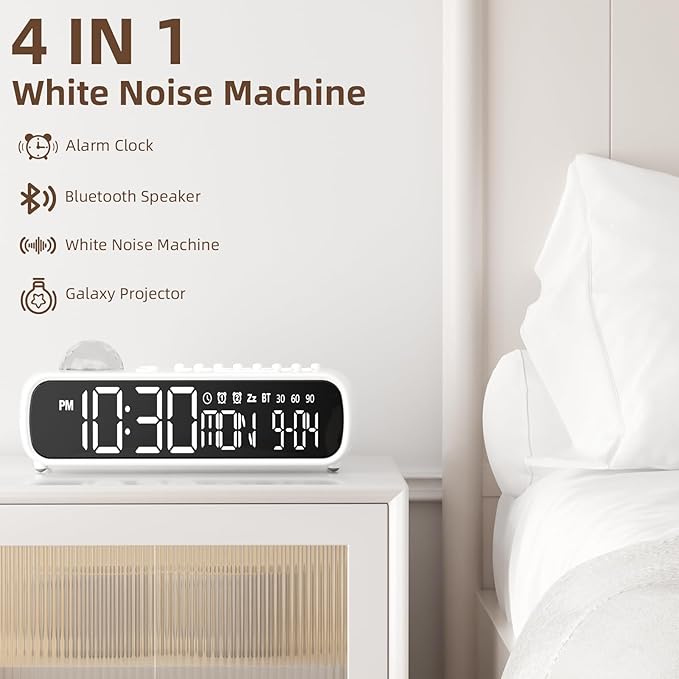 White Noise Sound Machine with Clock for Baby Kids Adults, with 8 Soothing Sounds for Office & Sleeping, 30/60/90 Mins Timer, Bluetooth Speaker, Star Projector Galaxy Light for Home, Travel