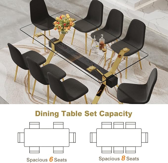 71'' Glass Dining Table Set for 8,9 Piece Dining Table Set with Open‑Frame X‑Shaped Golden Metal Base,Gold Kitchen Table and Chairs Ideal for Dining Room&Home Office