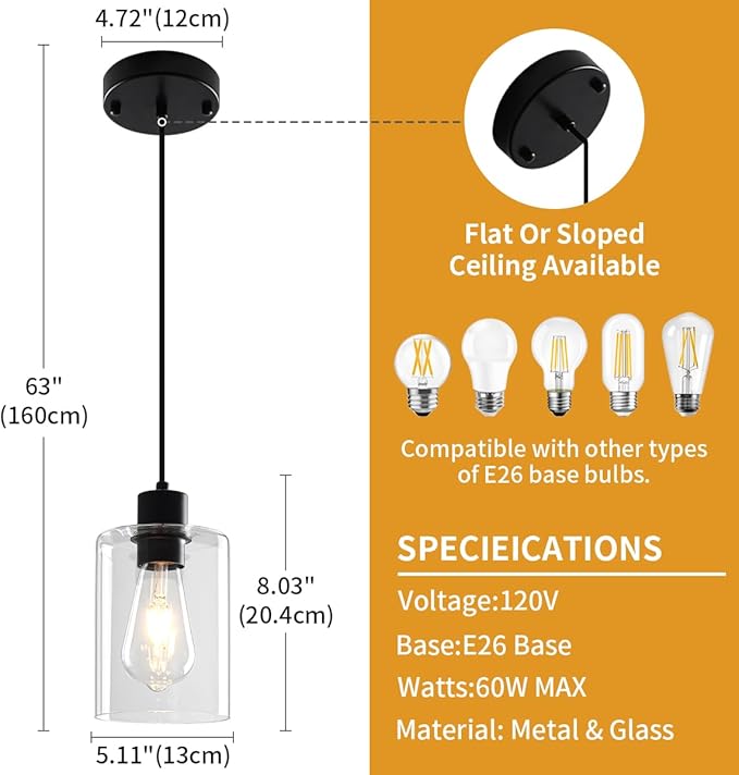 Glass Pendant Lights Kitchen Island 2 Pack, Black Kitchen Pendant Lighting Over Island, Hanging Light Fixtures Modern Pendant Lights for Hallway Entryway Bedroom Dining Room