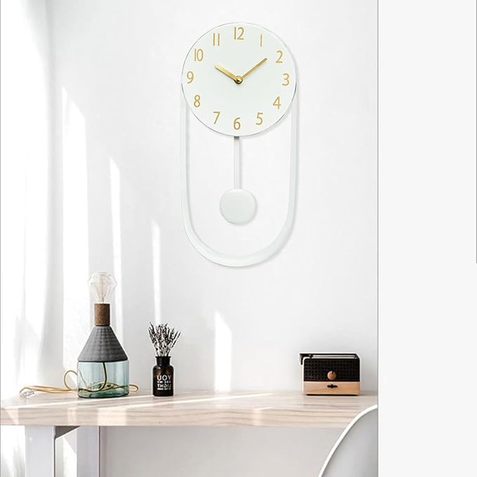 White Wall Pendulum Clock Stylish Minimalist White Wall Clock 8 Inch Modern Decorative Timepiece Silent Gold Included Distinctive Metal Frame Design