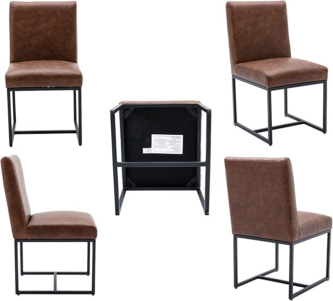 VESCASA Faux Leather Upholstered Dining Chairs with Black Metal Frame, Mid Century Modern Padded Kitchen Chair with Adjustable Foot Pads for Restaurant, Dining Room, Set of 6, Brown