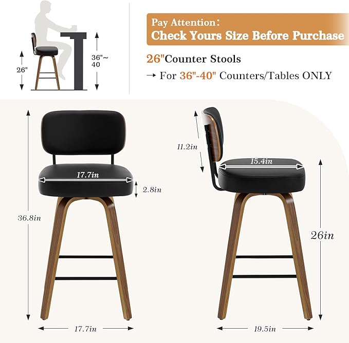 Swivel Counter Height Bar Stools Set of 4, 26" Upholstered Faux Leather Barstools with Back and Bent Wood Legs, Mid Century Modern Bar Chair Island Stool for Kitchen Counter, Black