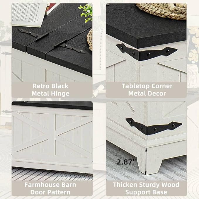 Farmhouse Coffee Table with Hidden Storage Compartment, Antique Black & White Square Large Center Table for Living Room, Wood Rustic Wide Coffee Tables with Hinged Lifting Tabletop for Home