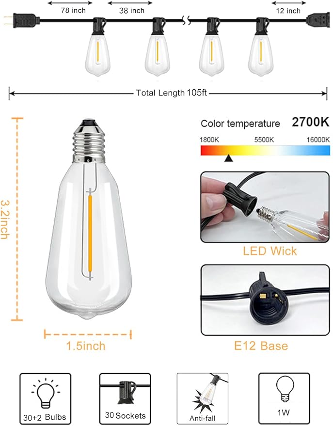 Upgraded LED Outdoor String Lights 105Ft Shatterproof Waterproof ST38 Vintage Edison Bulbs Patio Lights Energy Saving Hanging Outdoor for Christmas Porch Deck Garden Backyard Wedding Party