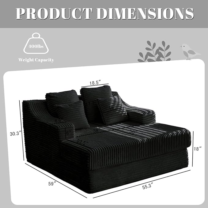 Chaise Lounge Sofa Chair Indoor Cozy Sofa Bed Oversized with Four Pillow Fluffy Upholstered Sleeper Sofa Chair for Living Room Bedroom Office Liesure No Assembly Required（Black）