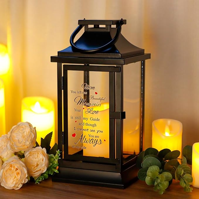 Memorial Lantern Bereavement Gifts in Memory of Loved One Memorial Gifts for Loss of Mother/Father/Loved One Remembrance Sympathy Gifts with Timer LED Candle and Tribute Stickers(with Postcard)