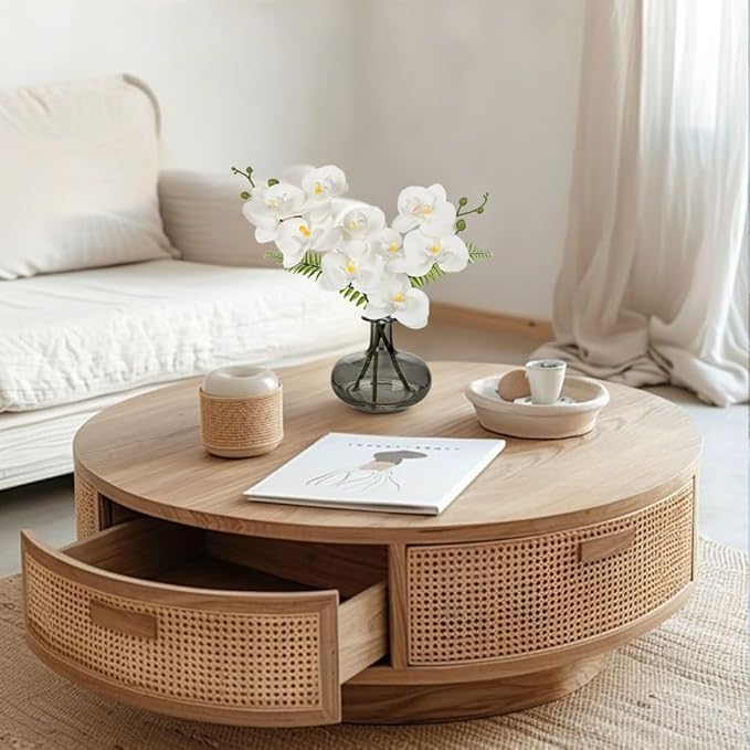 White Orchids Artificial Flowers with Vase, Small Faux Orchid Arrangement Fake Flower in Woven Glass Vase Black and White Decor Small White Centerpieces for Kitchen Dining Room Tables Bathroom Decor