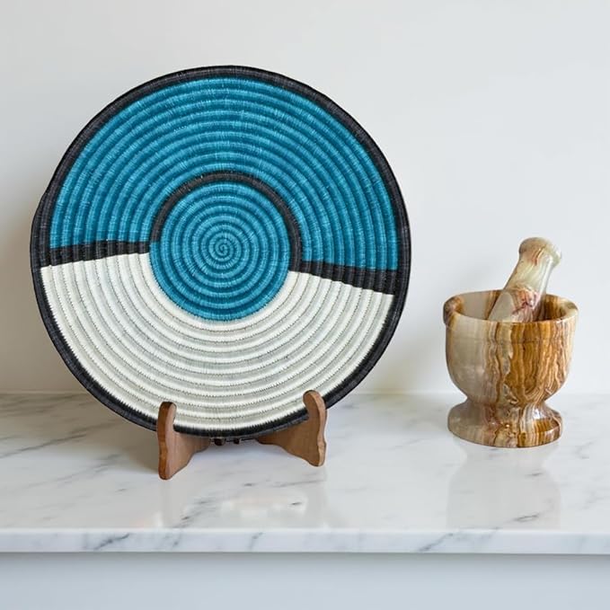 Handwoven African Basket Handmade sisal Fruit Bowl Wall Hanging decorative Baskets for Home Living Room Kitchen Centerpiece Zen Designs Arts and Crafts (Teal Black White, 8in diameter)