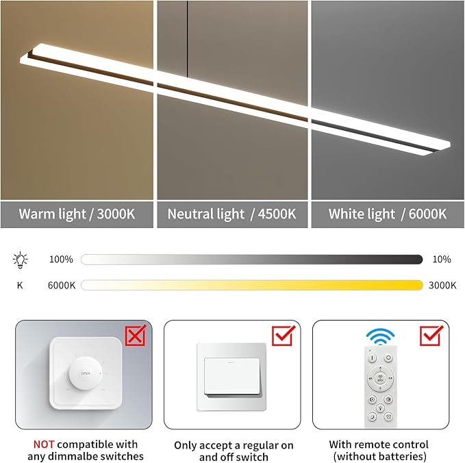 39" LED Linear Pendant Light Fixtures, 25W Dimmable Pool Table Light with Remote, Modern Island Lights for Kitchen Dining Room Living Room Office Bar