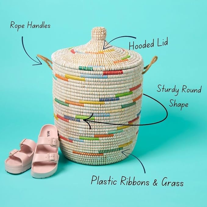 Basket for Decor, Organizing, Storage - Living Room Blankets, Nursery Toys, Laundry, Towels, Pillows, Comforter, Cushion - Wicker, Woven, Round, Lid and Handles, Colors on White, Tall, Large